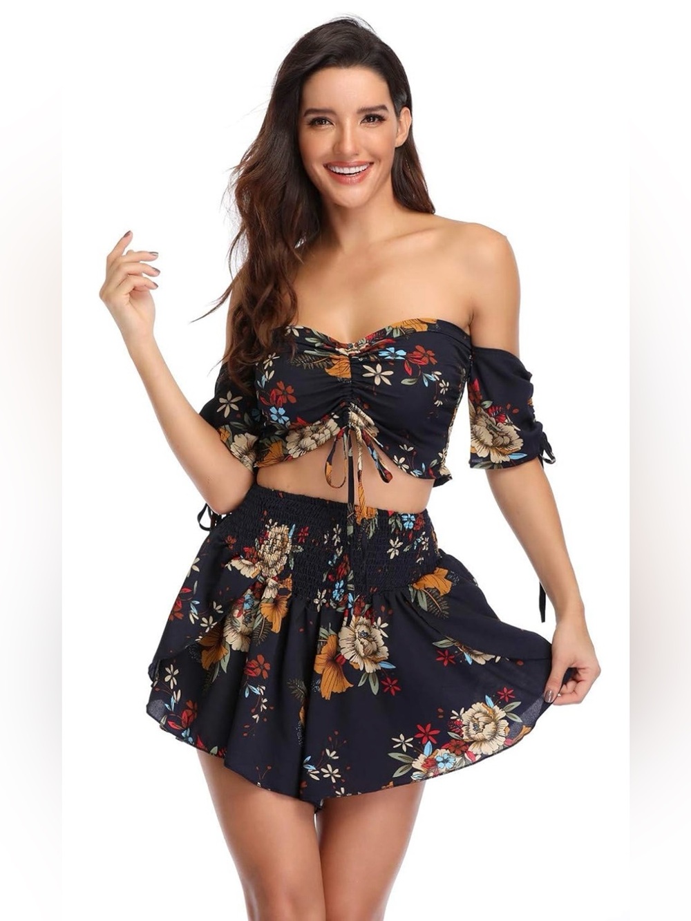 SHEIN Tropical Floral 2-Piece Crop Top & Skirt Set - Small